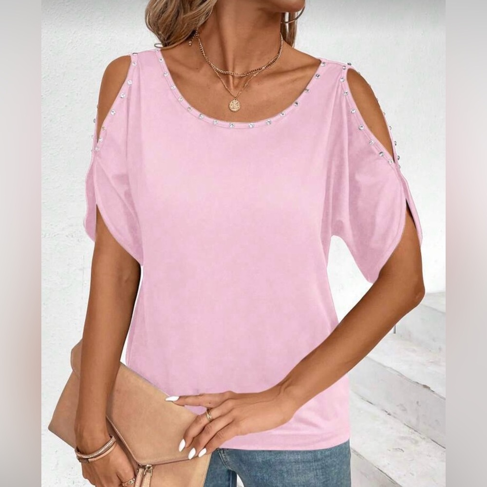 Pink Cold Shoulder Top with Rhinestone Accents